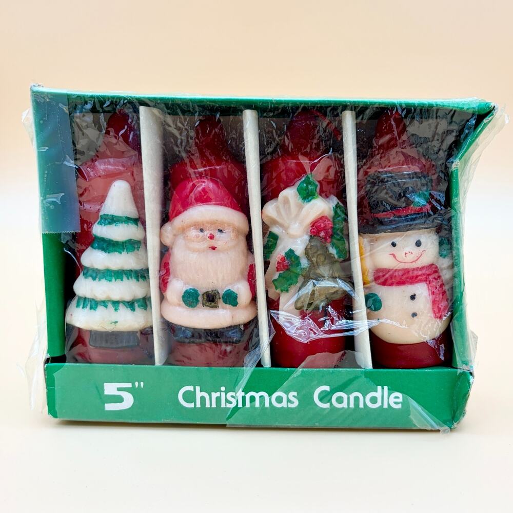 Vintage Christmas Candles Set 4 Figural 5" Santa Snowman Tree Bell Boxed NOS